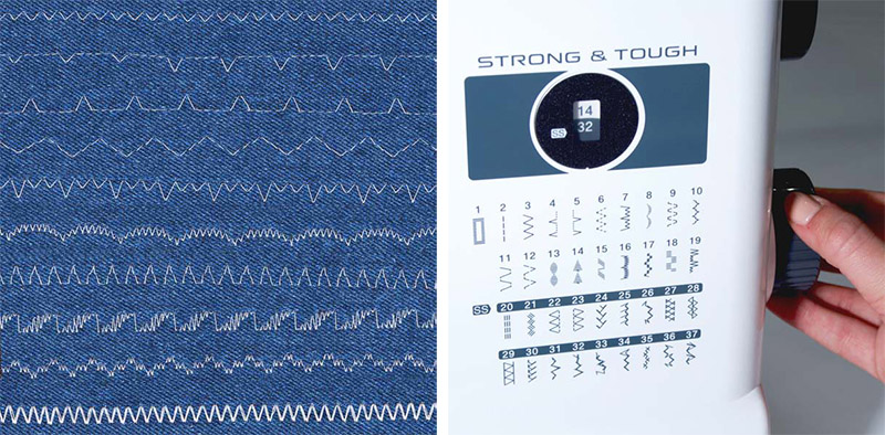 Variety of stitches on a denim fabric and sewing machine stitch selector collage