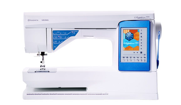 Husqvarna Viking sewing machine with a display panel on a white background