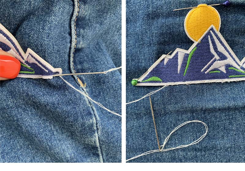 Process of sewing patch to a denim fabric by hand