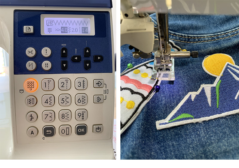 Sewing machine LCD display and denim fabric with a patch under a presser foot collage