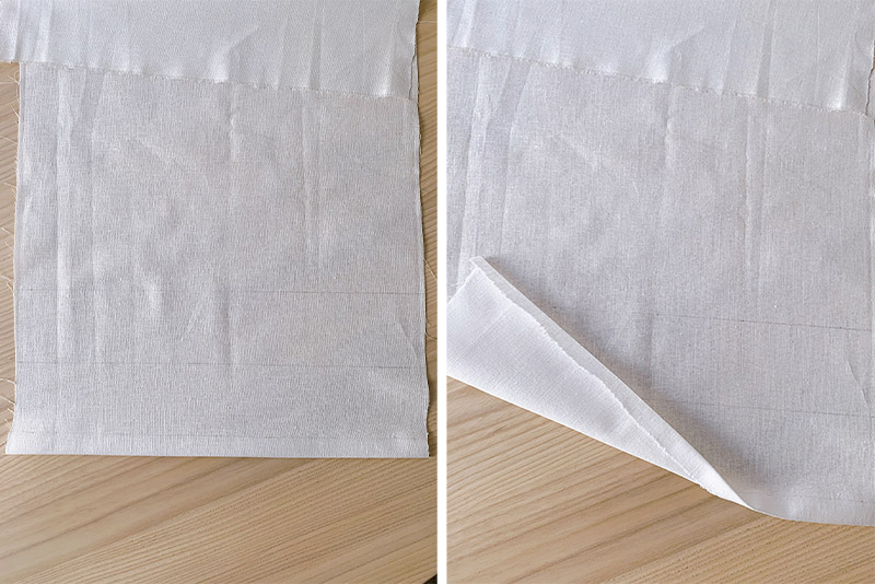 folded raw edge on a white piece of fabric