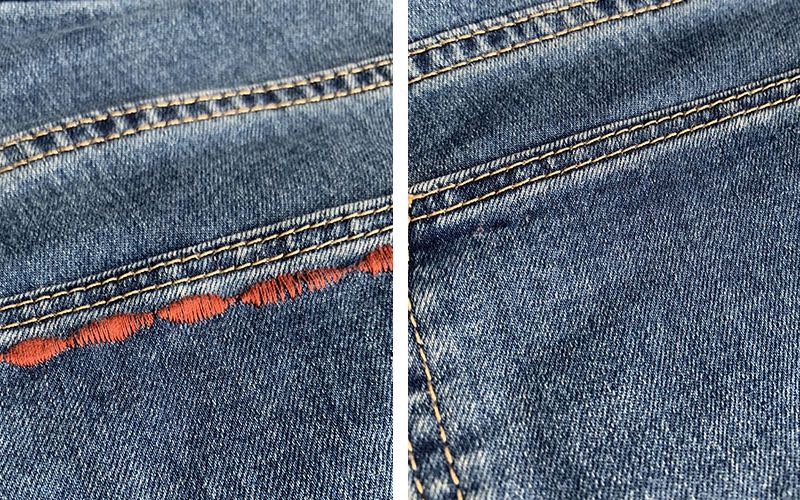 the same piece of jeans fabric with embroidery and with embroidery removed