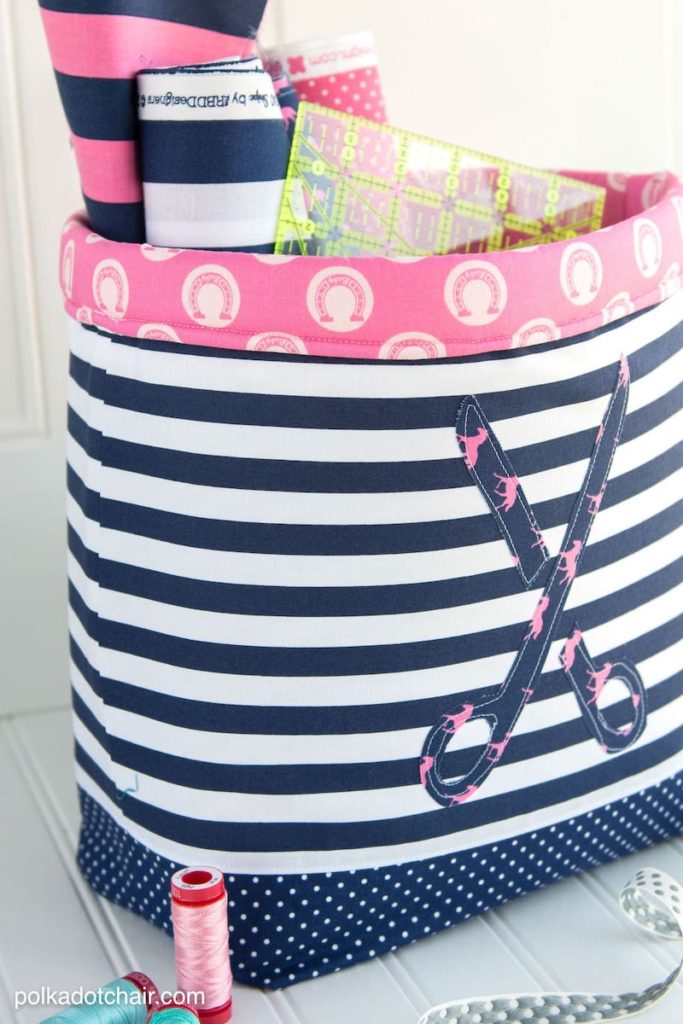 fabric basket with craft supplies
